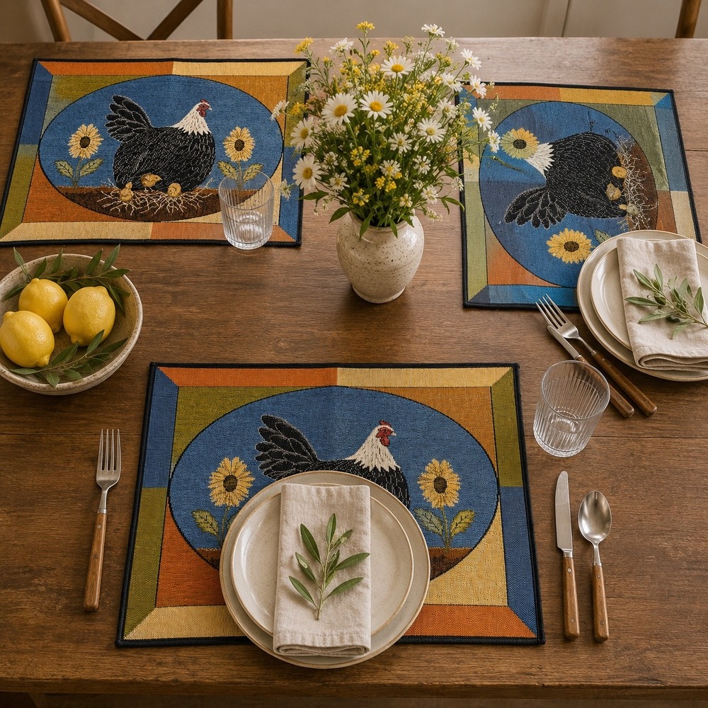 Warren Kimble Hen and Chicks Sunflowers Tapestry Placemats Set of 4 Folk Art